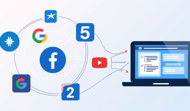Illustrazione di icone di servizi di terze parti come Google, YouTube, Facebook interconnesse con un sito web principale