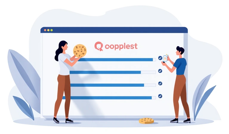 Illustrazione di un utente che gestisce le impostazioni dei cookie su un dispositivo, con cursori e simboli di spunta